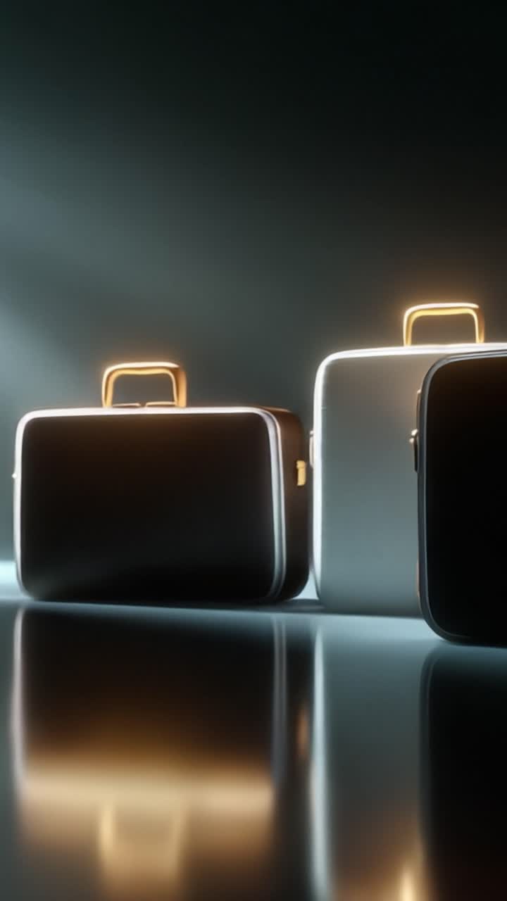 Aesthetic Display of Elegant Suitcases: A Contrast Between Dark and Light Motifs in Minimalist Design on a Reflective Surface Under Soft Lighting
