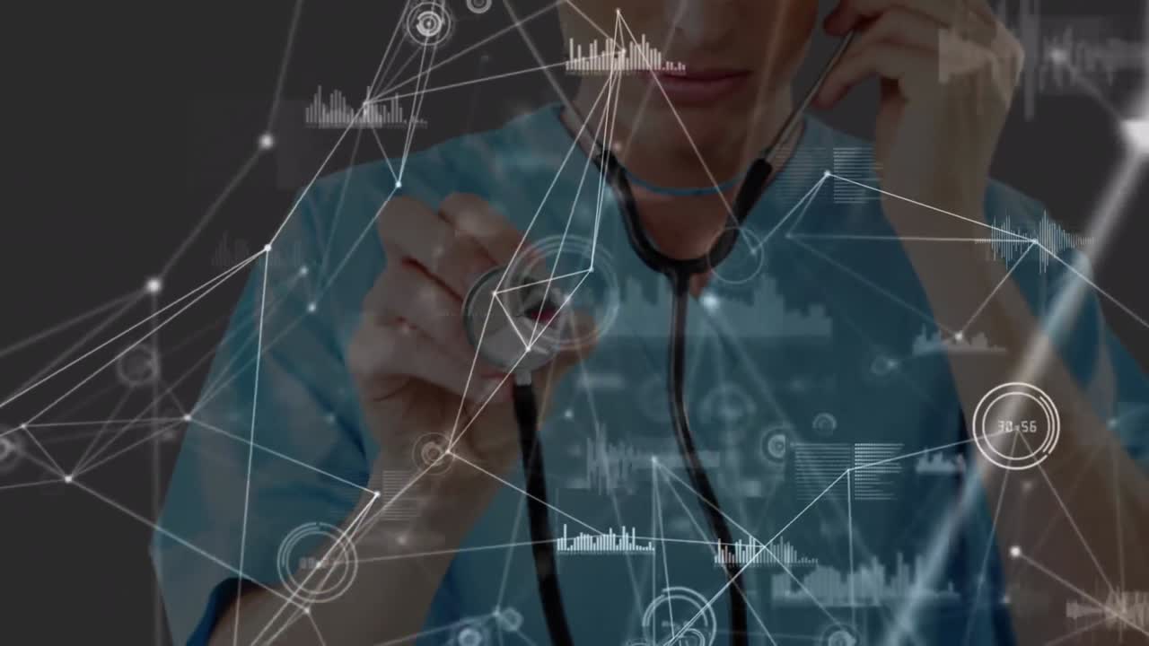 스테토스코프를 사용하는 백인 여성 의사에 대한 연결 네트워크의 애니메이션