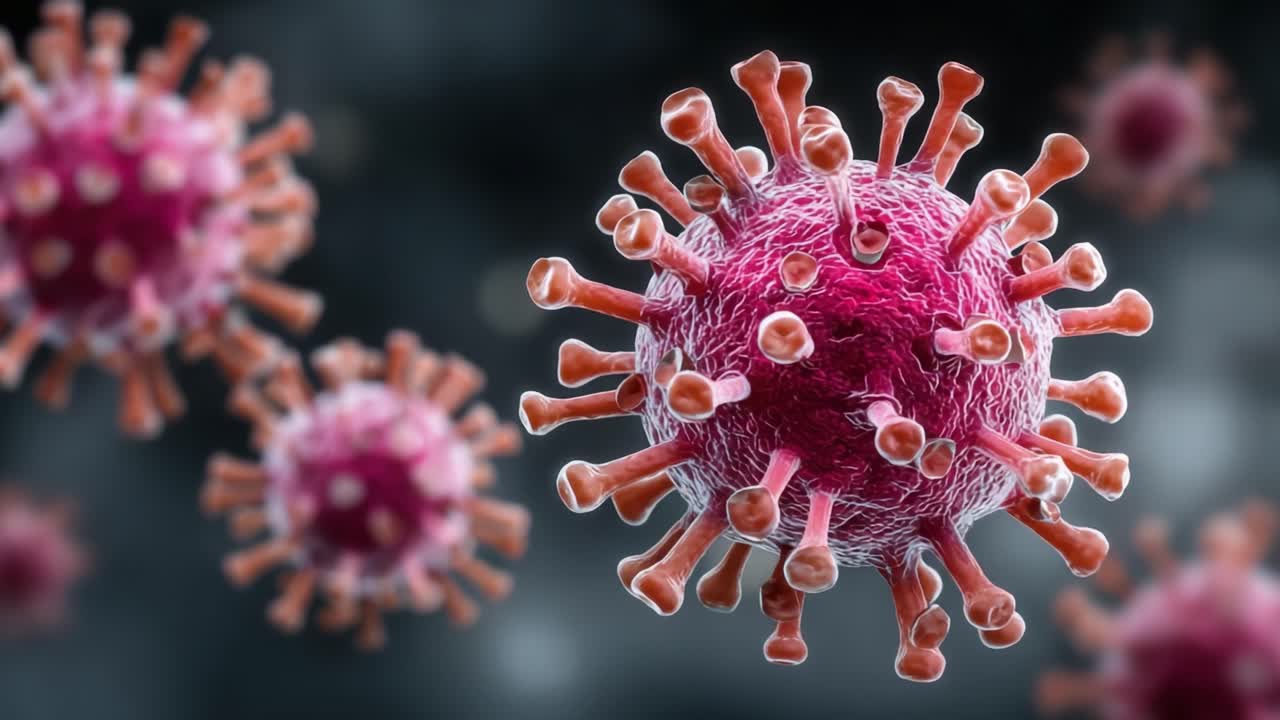 Dettaglio intricato di virus in vista microscopica, che mostra struttura, spicole e interazione cellulare sotto una lente ad alto ingrandimento focalizzata sulle infezioni virali.
