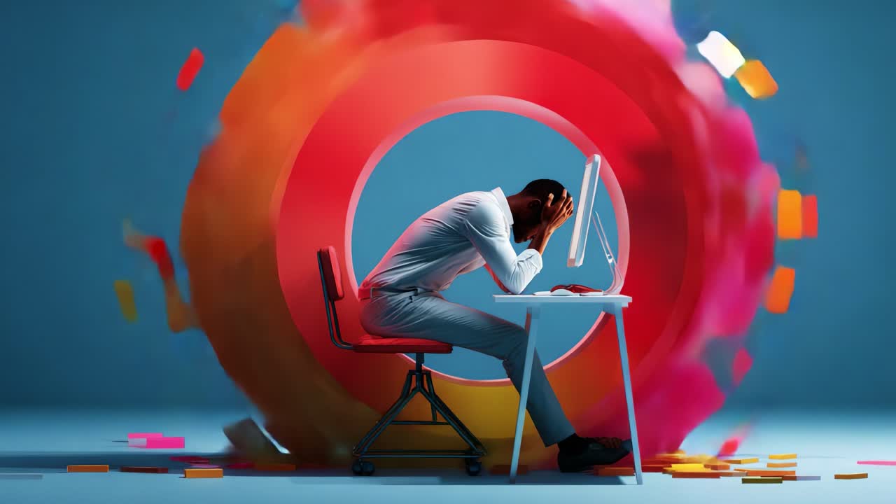 A person in deep frustration sits at a desk, head in hands as a dynamic swirl of colors and shapes encapsulates the moment, illustrating the struggle with overwhelming challenges and stress