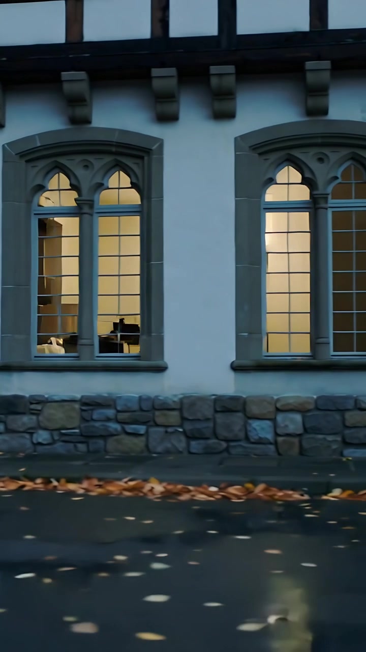 Video verticale: Telecamera che panoramica rivelando un angolo Tudor al marciapiede, mostrando finestre illuminate e una silhouette.