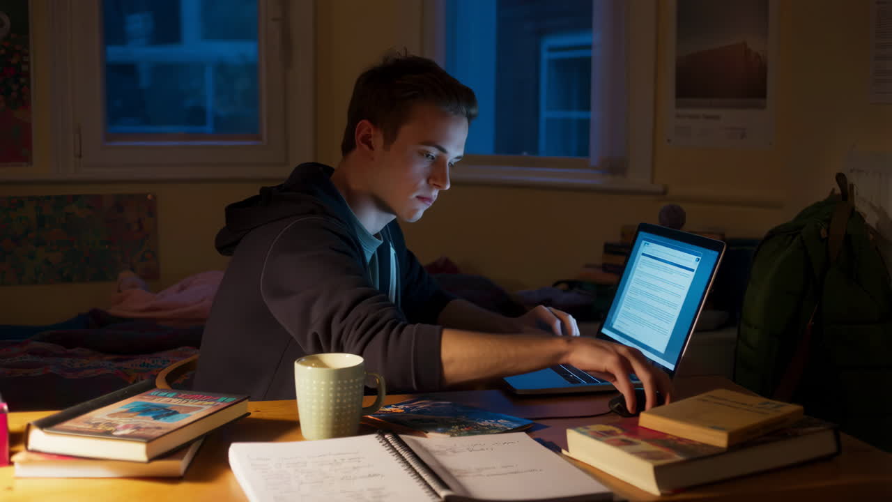 Young man studying on a laptop at his desk at night