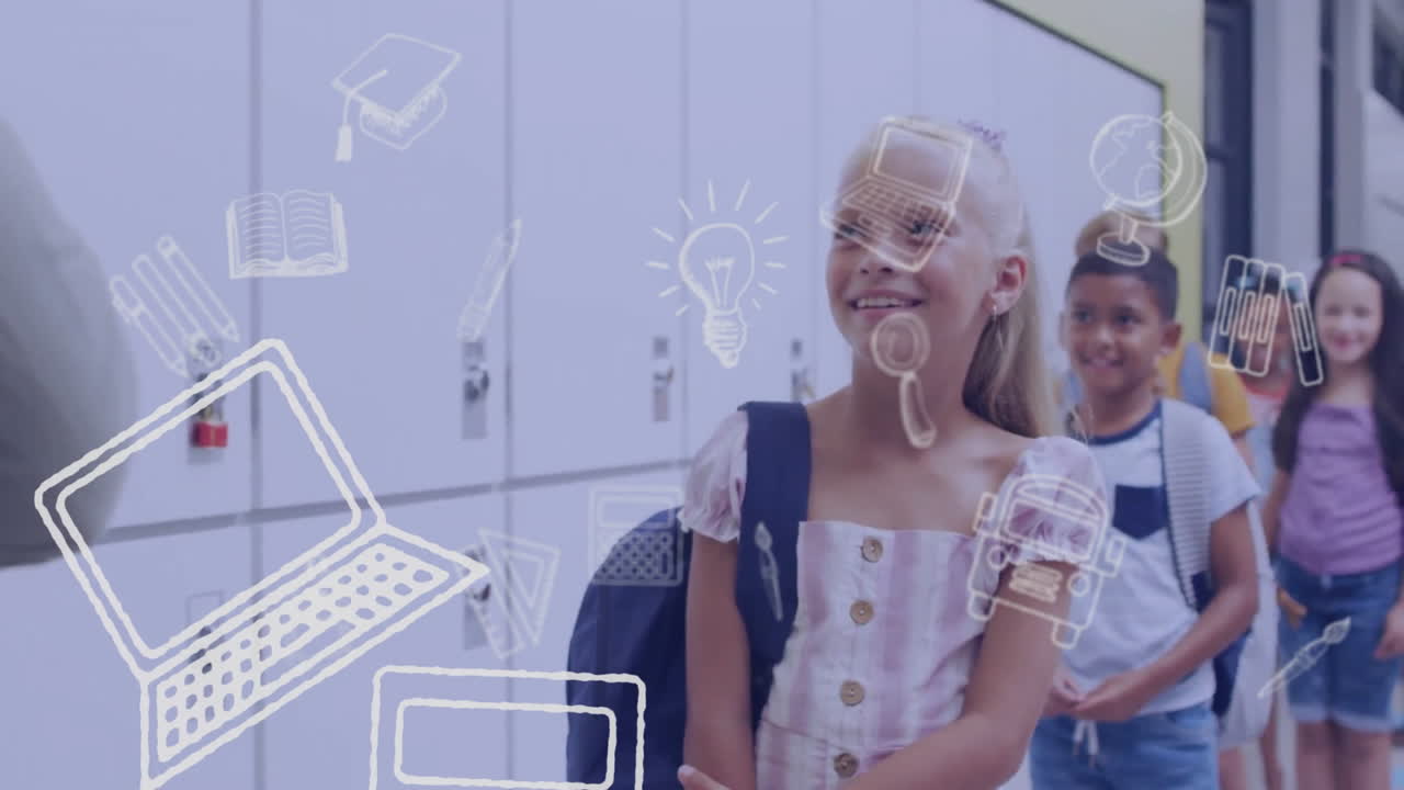 animación de iconos de artículos escolares sobre el maestro esperando con los estudiantes frente al aula