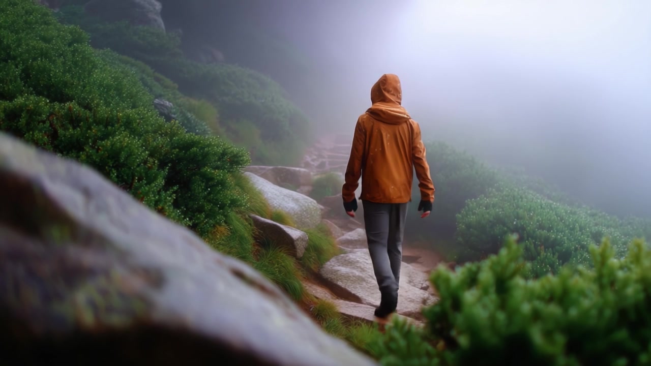 A solitary figure in an orange jacket walking along a misty mountain trail surrounded by lush green foliage and rocky terrain on a foggy day.