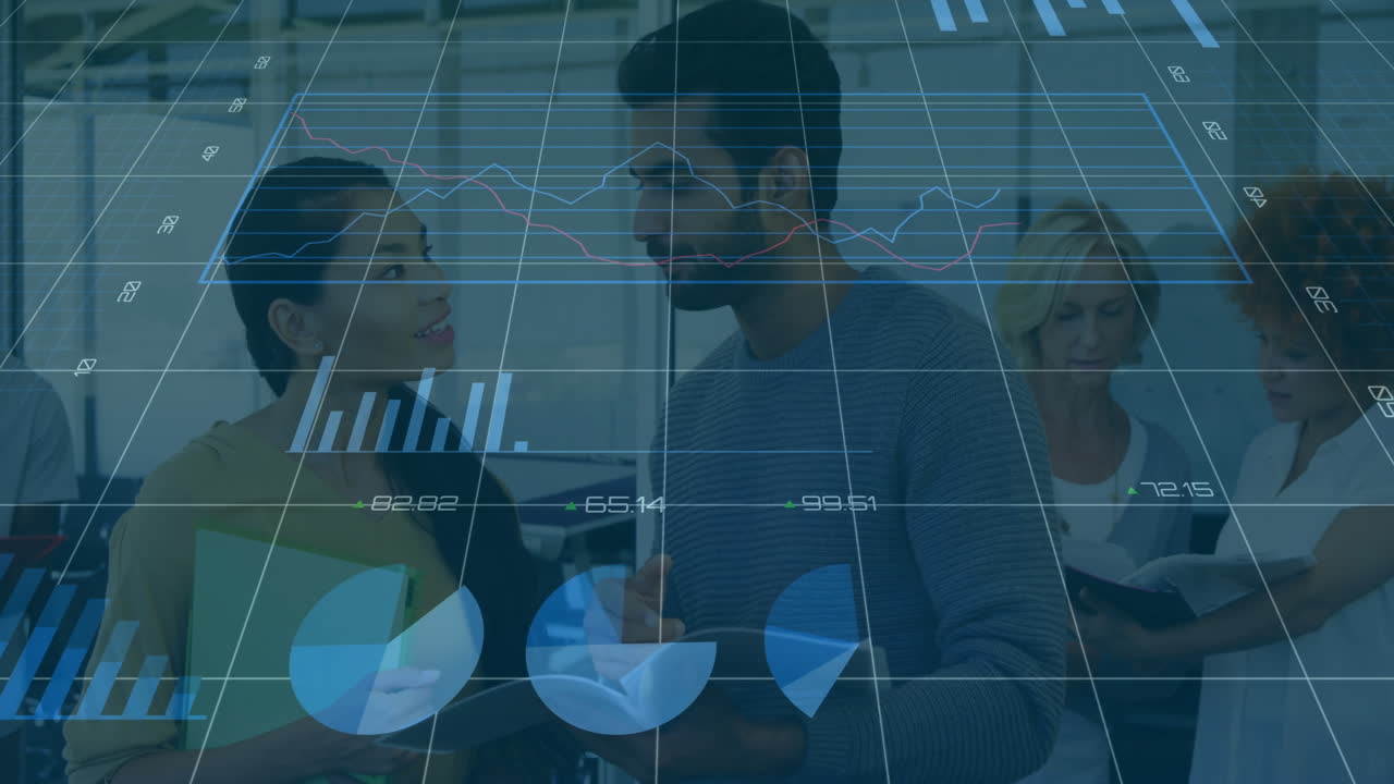 Animation of data processing and diagrams over diverse business people discussing work