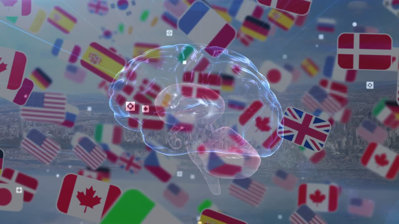 Drifting flags starting translucent 3D brain rotating merging into flag globe showing global ties