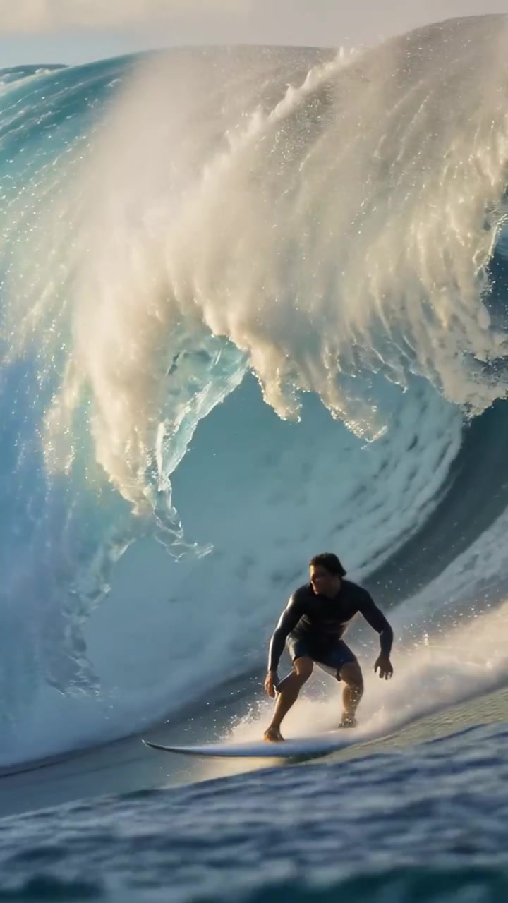Video verticale: Surfista in muta che cavalca, scende e si accovaccia all'interno di un'onda a tubo che si infrange, con spazio per il testo
