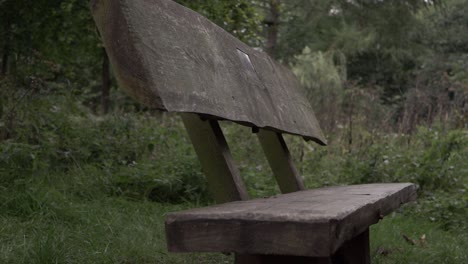 rustic wooden bench in countryside close up tilting shot