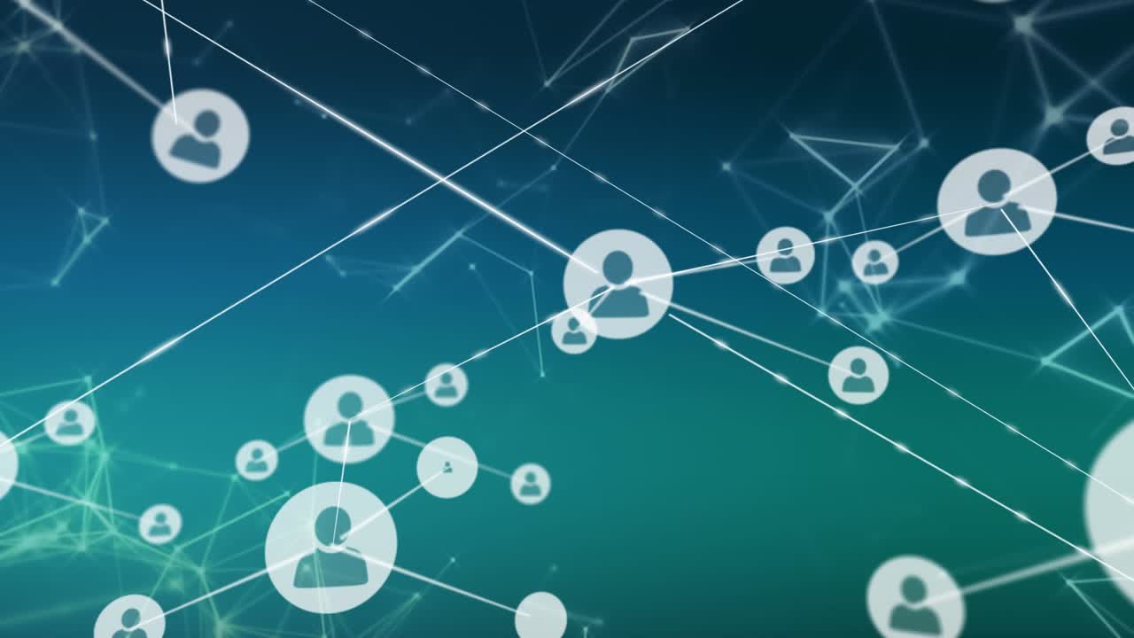 Animation of network of profile icons over network of connections on green gradient background