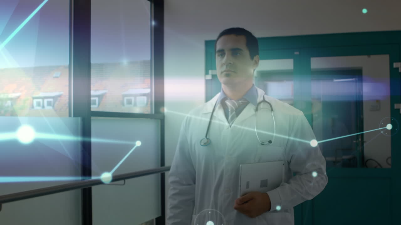 animación de la red de conexiones y rastros de luz sobre un médico masculino biracial