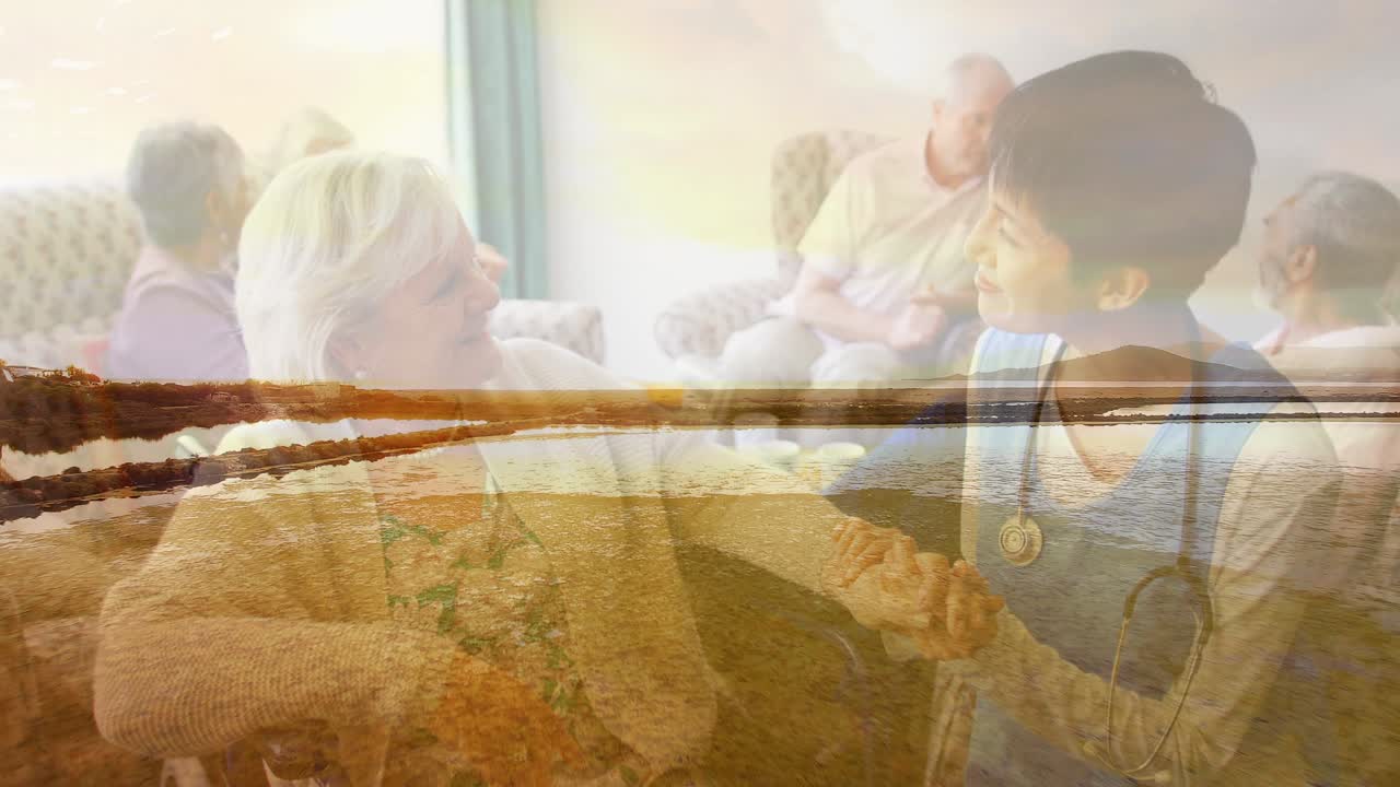 코카시안 시니어 여성과 남성과 여성 의사의 해양 풍경의 애니메이션