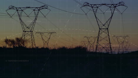 animación del procesamiento de datos sobre el paisaje con torres eléctricas