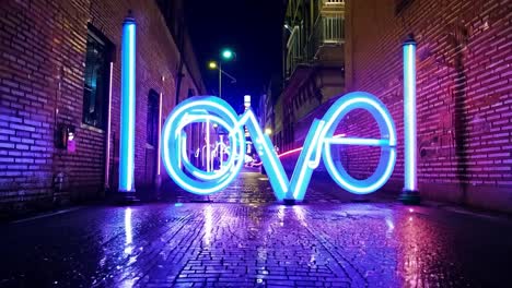 glowing blue and pink neon sign spelling love brightens a deserted urban alley, creating a romantic nighttime atmosphere