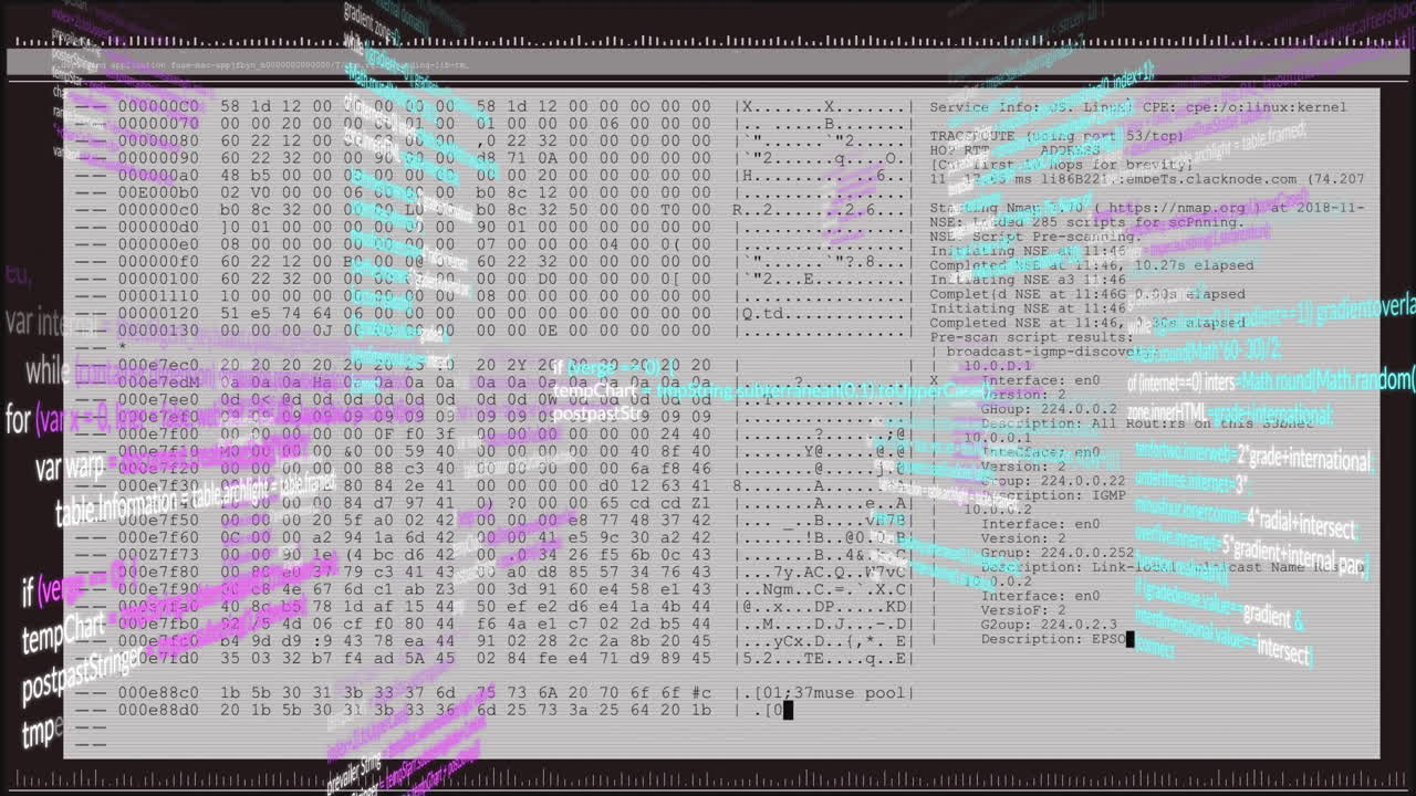 Animation of colorful digital glitch effects overlaying hexadecimal code data