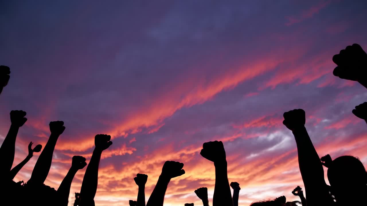 Silhouetted fists raised against a vibrant sunset sky, captured from a low angle