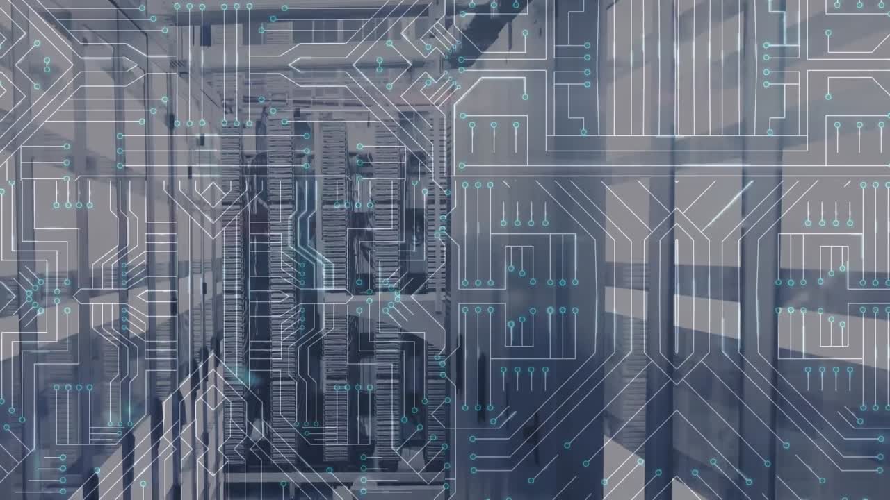 Animation of network of icons and connections, data processing and digital information in a server r