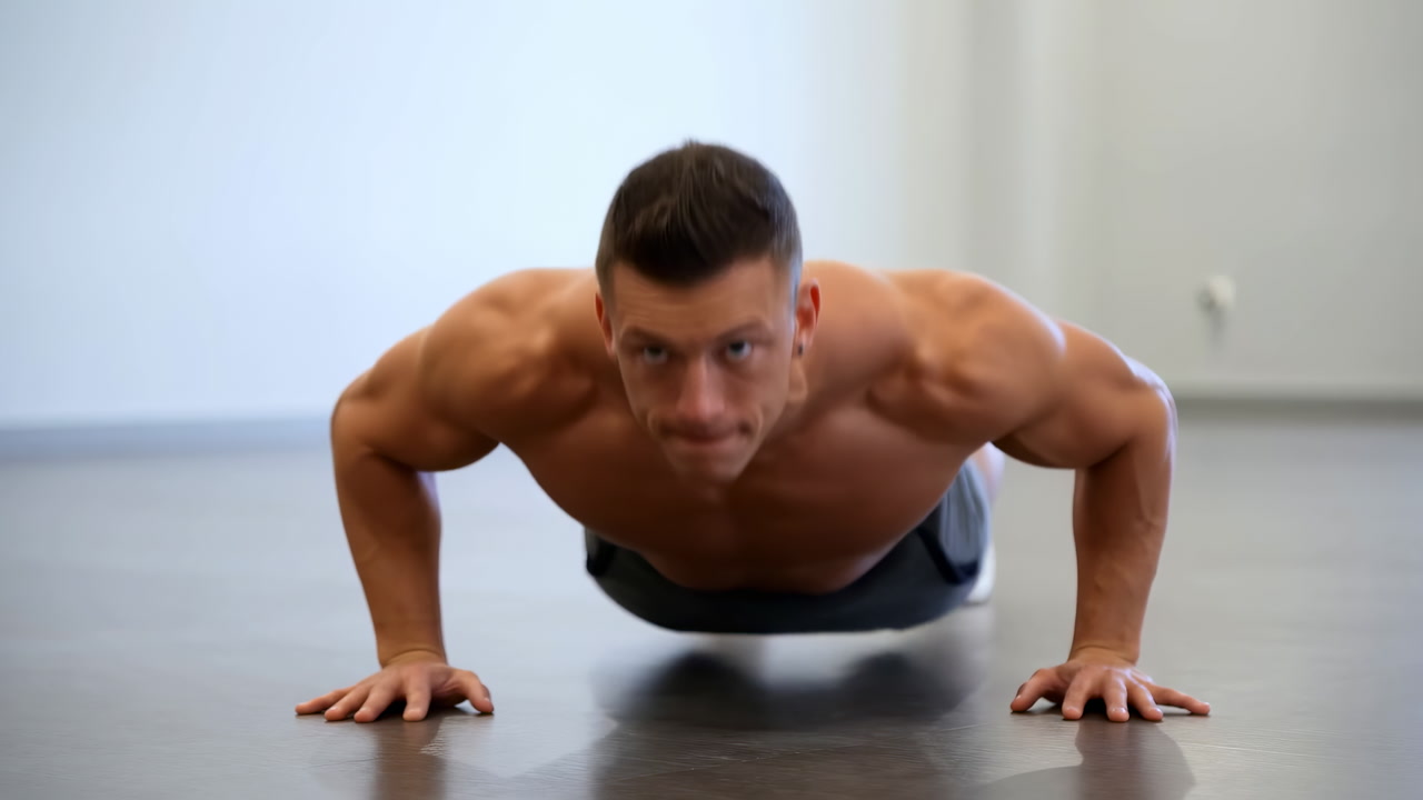 Shirtless White Man Doing Pushups In Bright Studio, Muscular Chest And Defined Shoulders, Focused Expression,