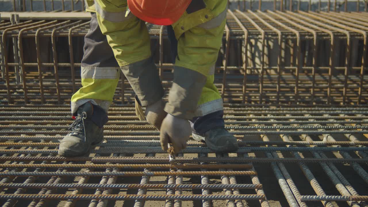 Construction worker reinforcing a rebar at the construction site