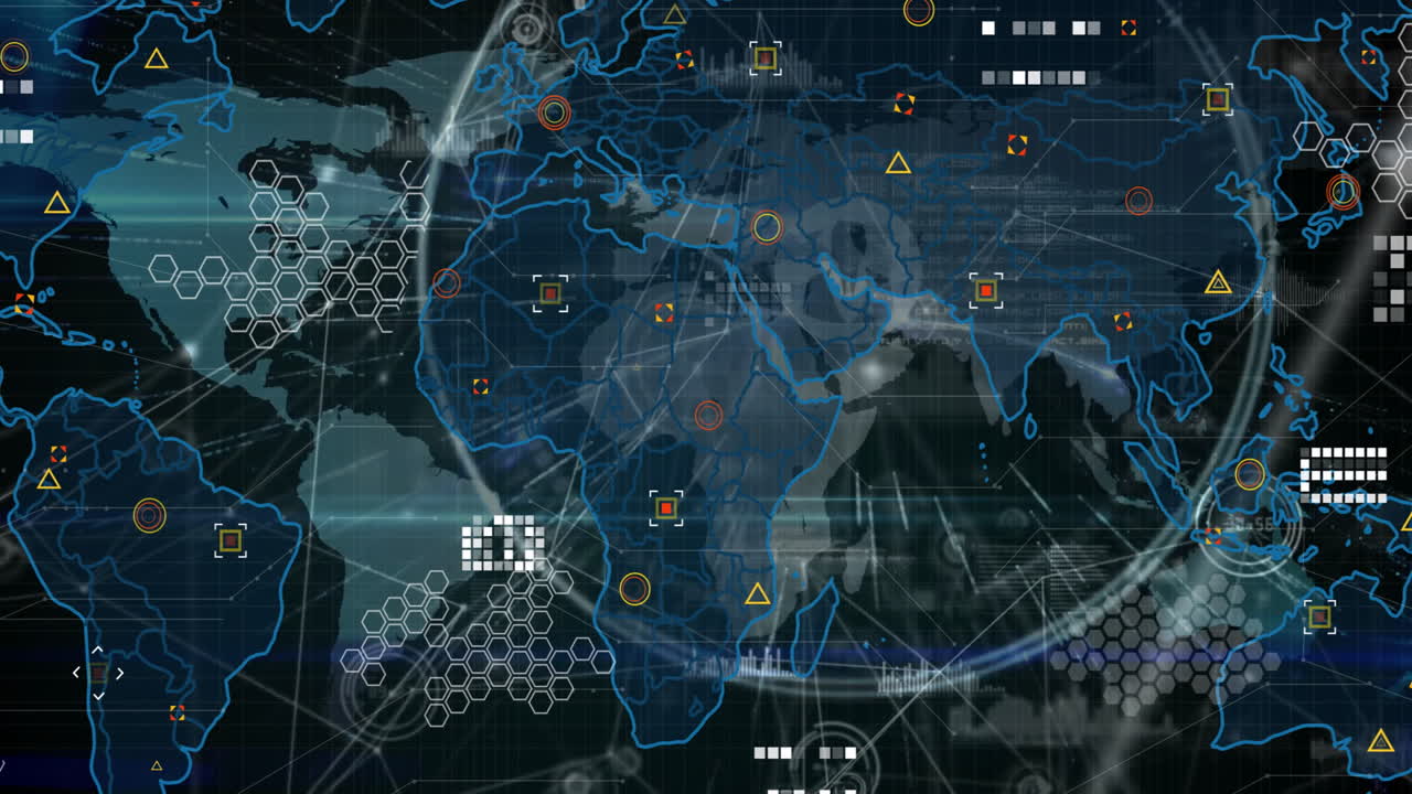 Animation showing digital world map with data points and network connections