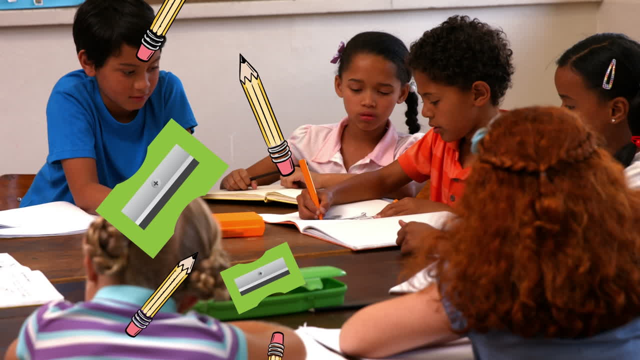 animación de la caída de los suministros escolares sobre diversos escolares en la clase en la escuela