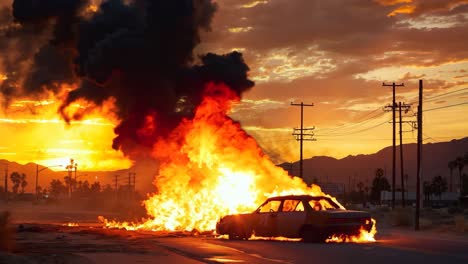 a car is engulfed by flames on the side of the road