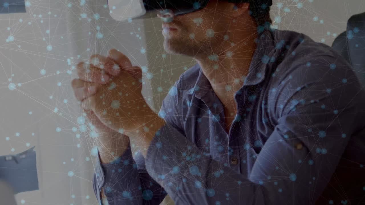 vr 헤드 ⁇ 을 착용한 백인 남성의 연결 네트워크의 애니메이션