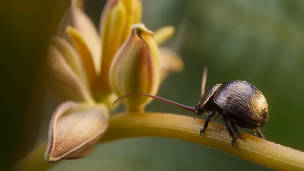 Weevil On Flower Bud Macro Cinematic Intimate Closeup Of Metallic Weevil Crawling Along Slender Stem