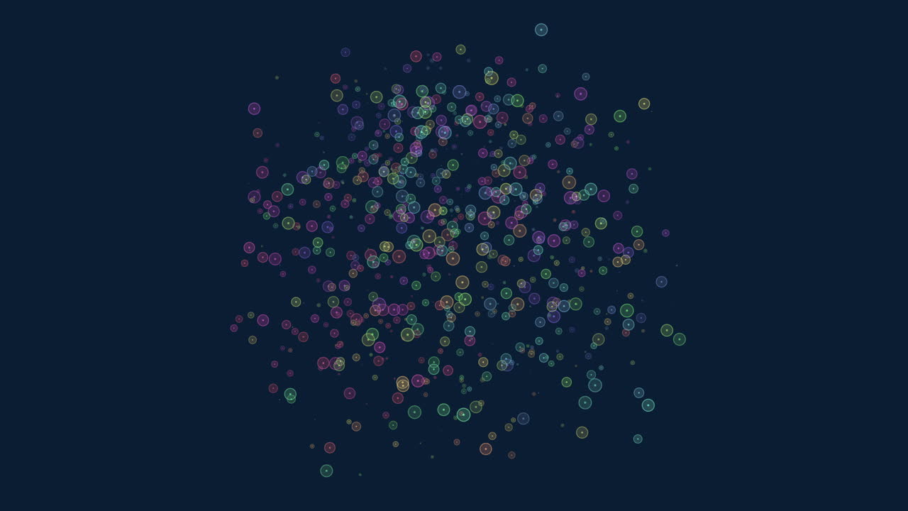 A vibrant pattern of assorted colorful dots in varying sizes, arranged in a circular formation against a dark background. The composition exudes a sense of dynamic movement and fluidity