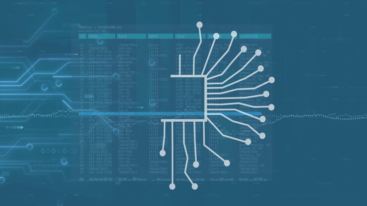 Animation of ai data processing over connections with ai icons