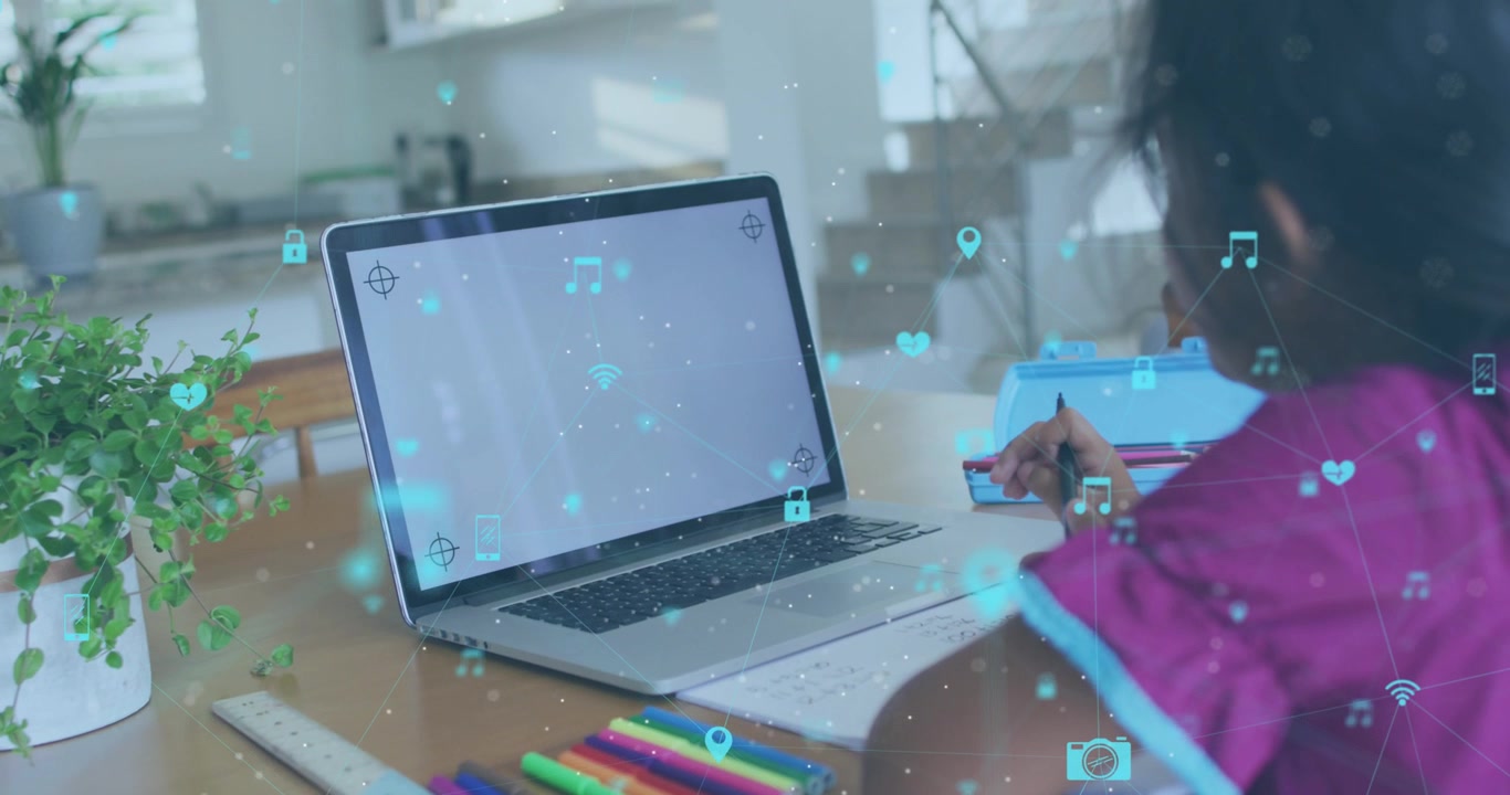 Animation of network of connections with icons over girl using laptop with copy space
