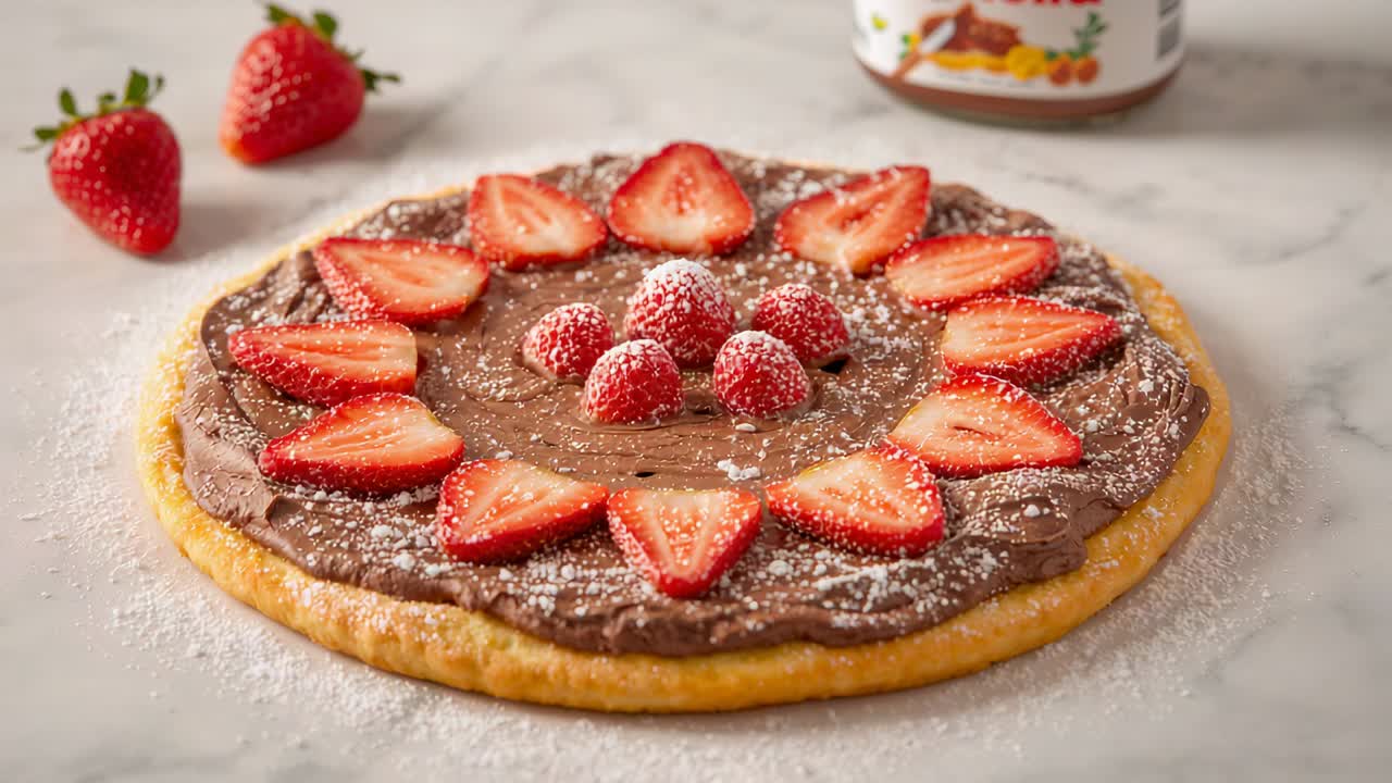 Inquadratura stretta su pancake con crema di nocciole su piano di marmo, con mezze fragole per la presentazione