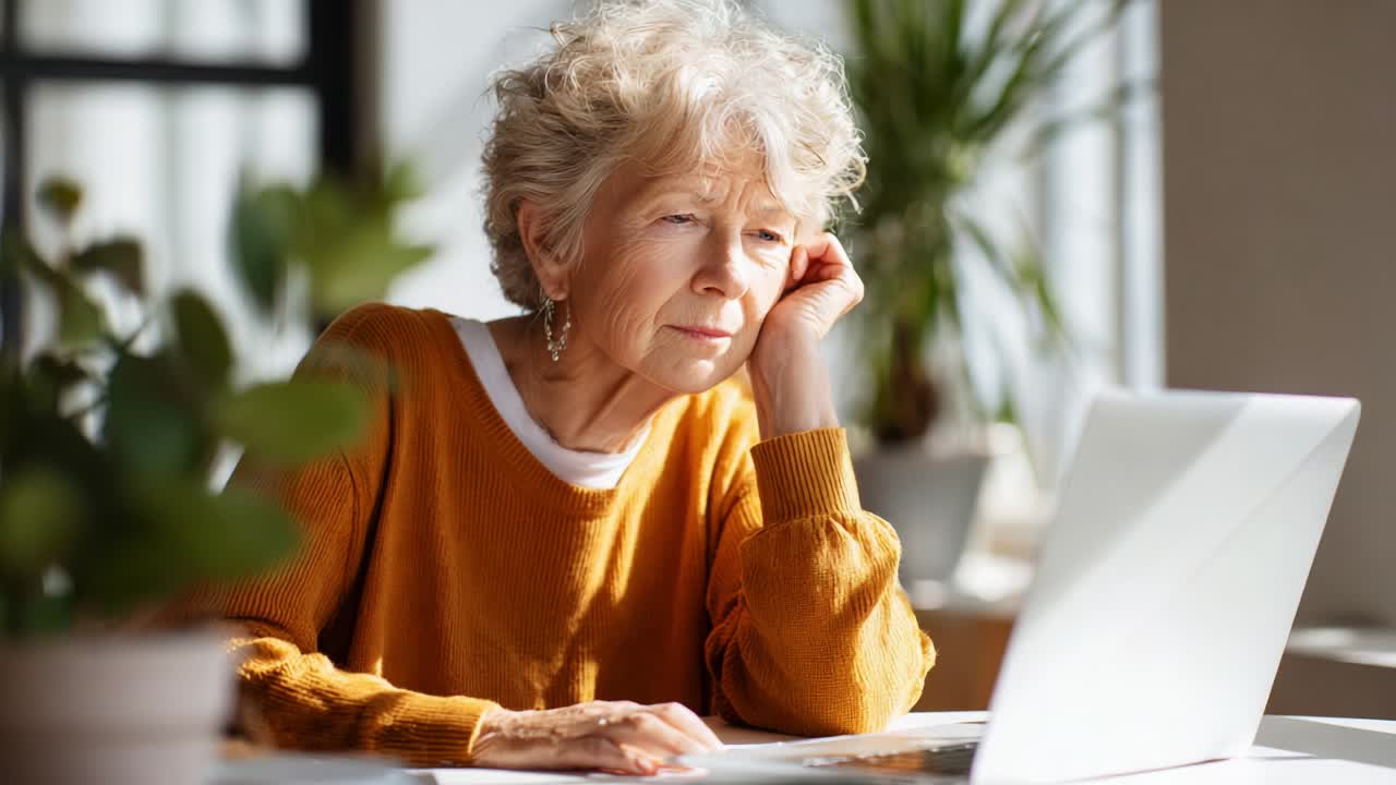 An elderly woman sits quietly at her laptop, reflecting thoughtfully while surrounded by greenery in a sunlit room, captured in two expressive frames that showcase her deep concentration and serene presence
