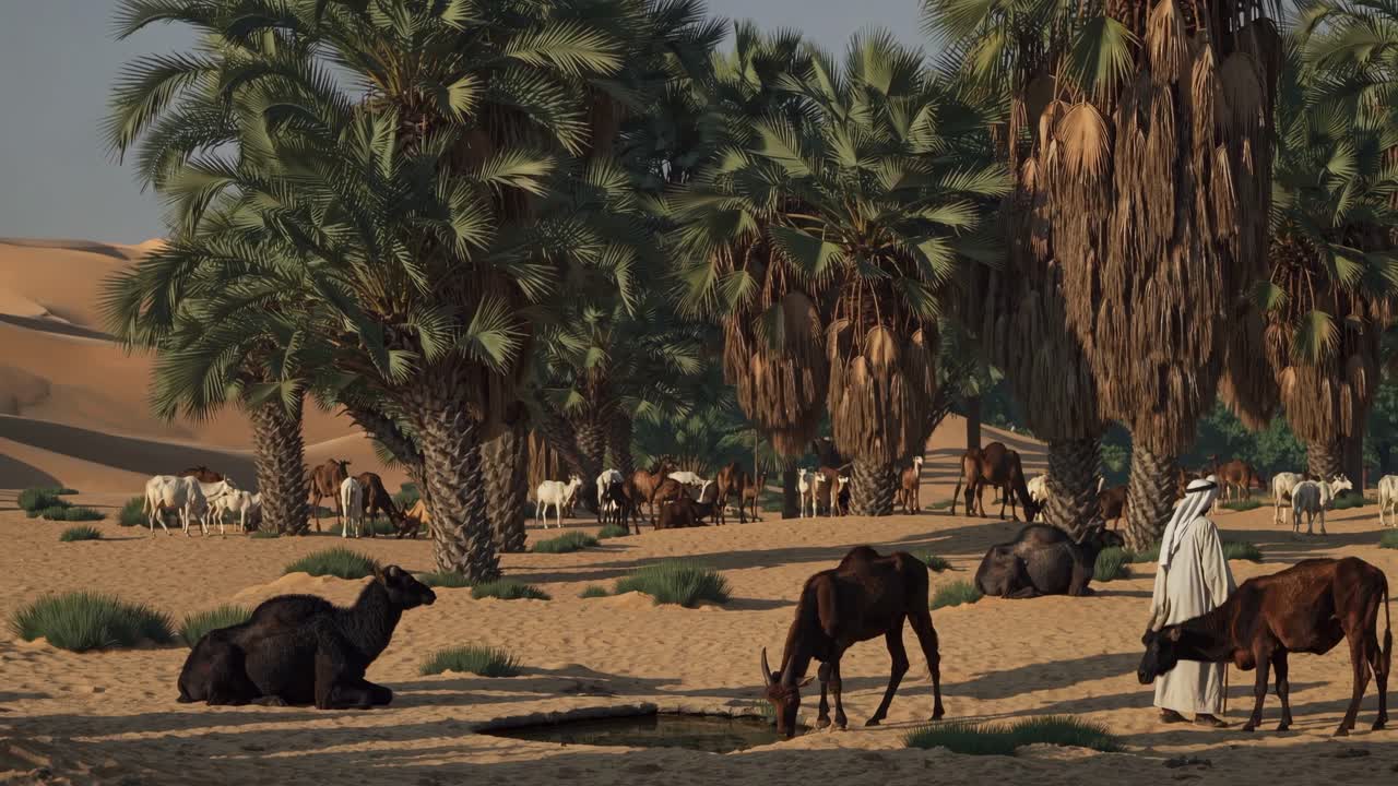 A wide-angle video scene of a desert oasis with camels and palm trees, capturing a serene, natural