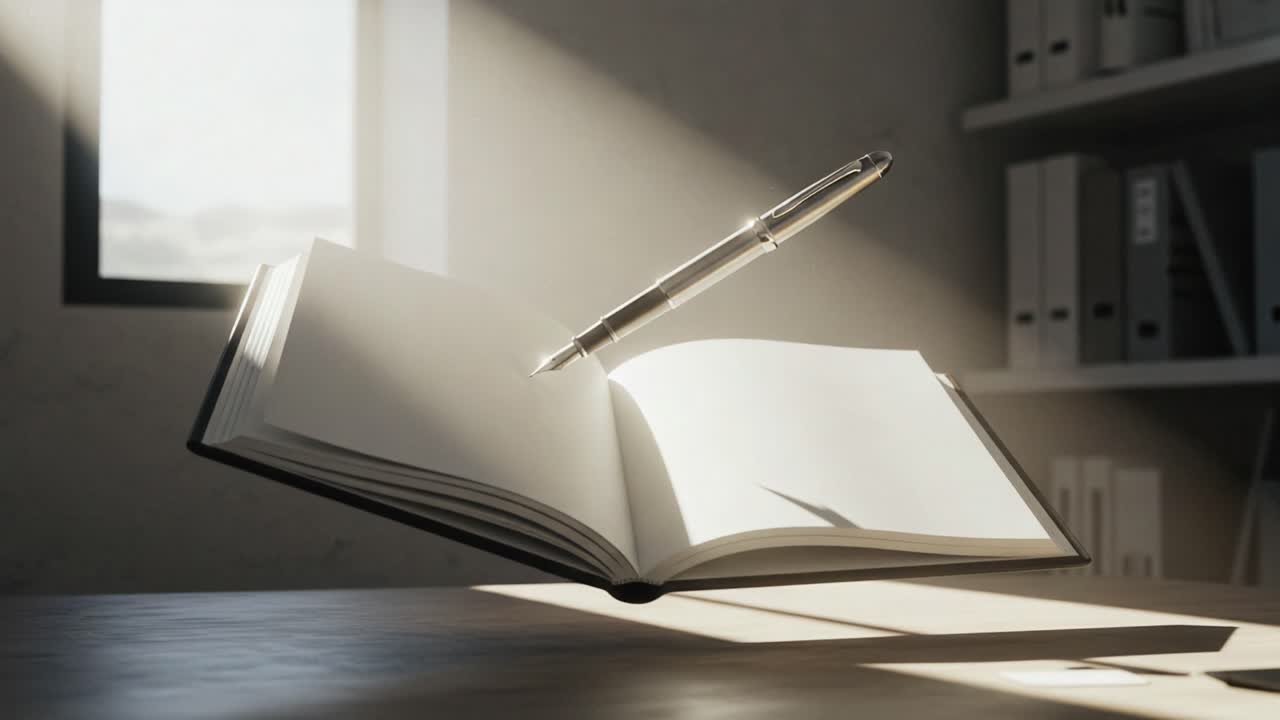 An Enchanted Moment of Creativity: A Pen Suspended Above an Open Book in a Softly Lit Room, Inviting Imagination and Inspiration to Flow Freely