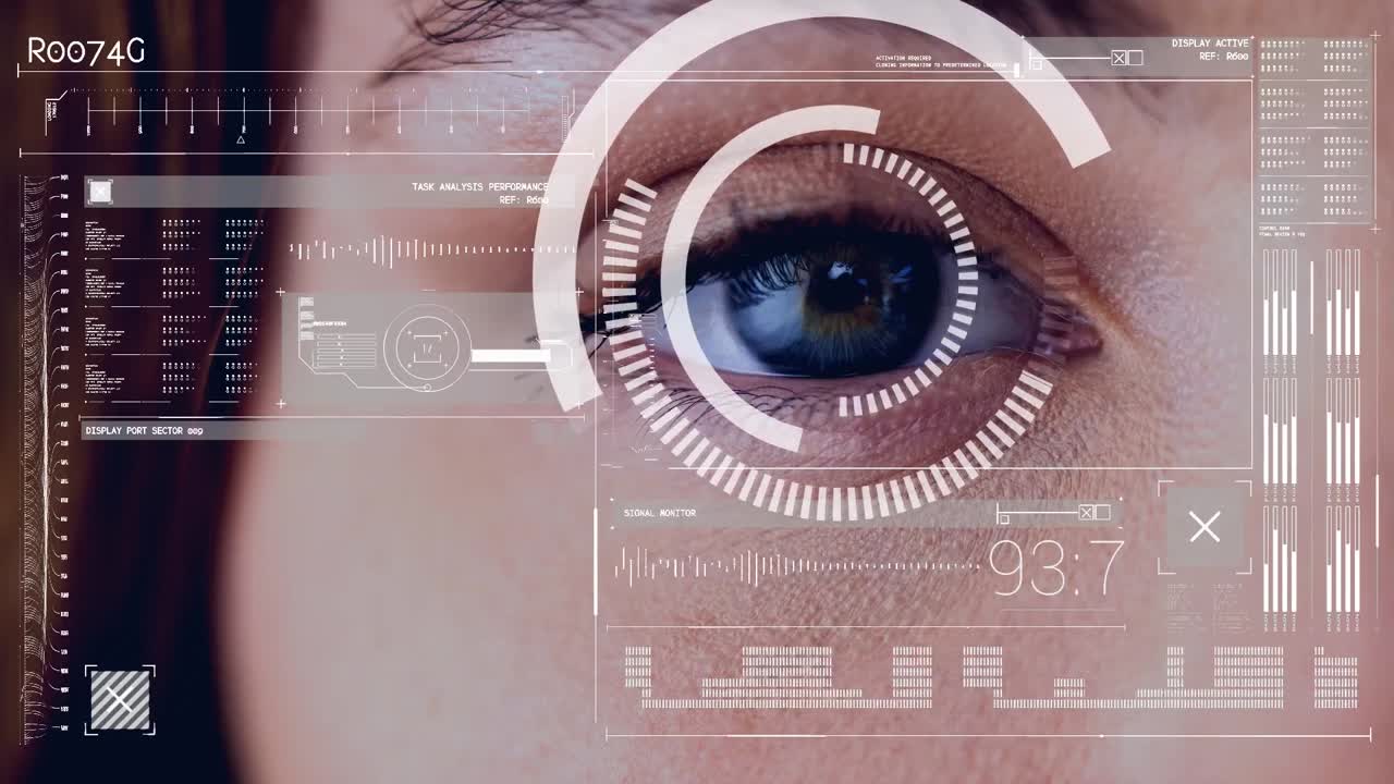 Animation of data processing over caucasian woman's blue eye