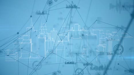 animation des netzwerks von verbindungen und datenverarbeitung über der stadt auf blauem hintergrund