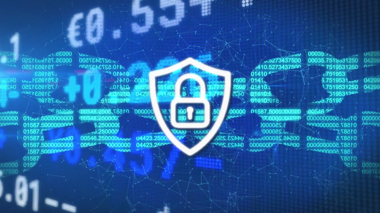 Animation of financial data processing over security padlock and chains