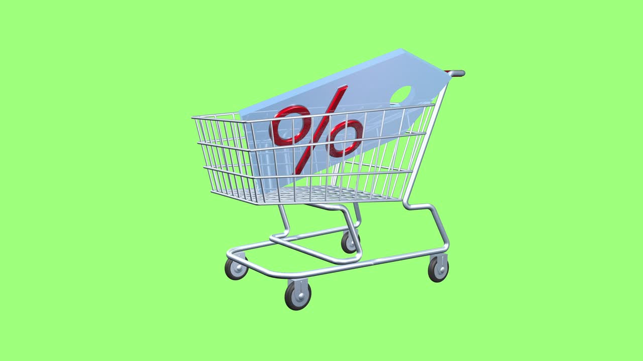 descuento virtual o venta y carrito de comestibles como un símbolo de comercio. animación de ventas y compras. pantalla verde aislada. animación iconos 3d. rama de perspectiva de la economía