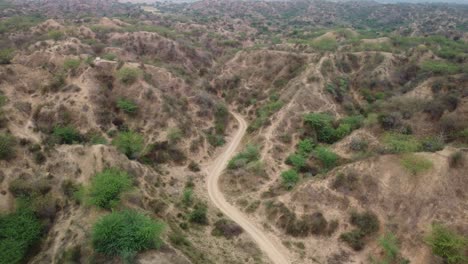 slow cinematic aerial view of a dirt road through the unique gully erosions of iconic badlands of chambal ravines in morena near rajasthan madhya pradesh border used by dacoits to flee, hide, india