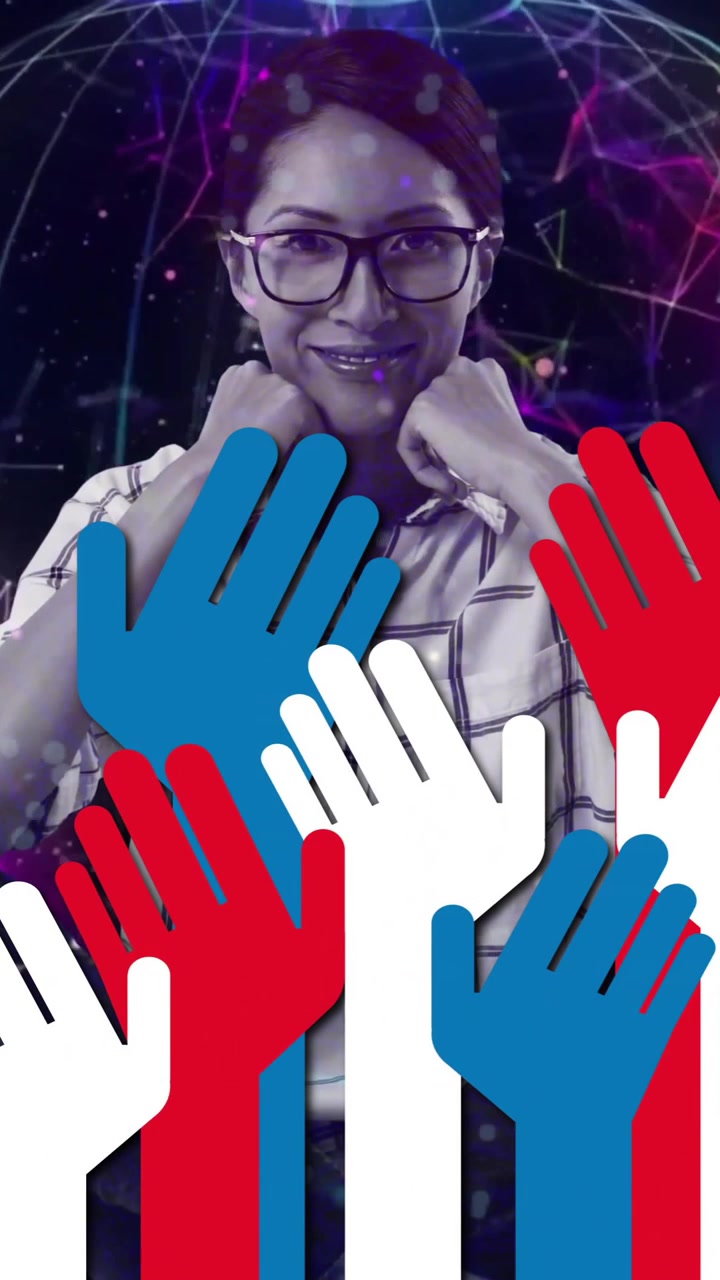 Woman smiling behind colorful raised hands and digital globe animation