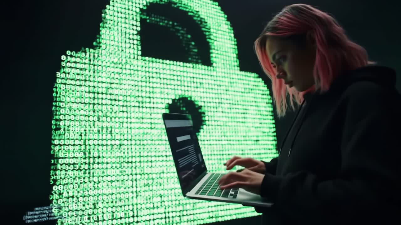 A Focused Individual Engaging with Cybersecurity Concepts in a Digital Environment Surrounded by Symbolic Representations of Data Protection and Security Measures