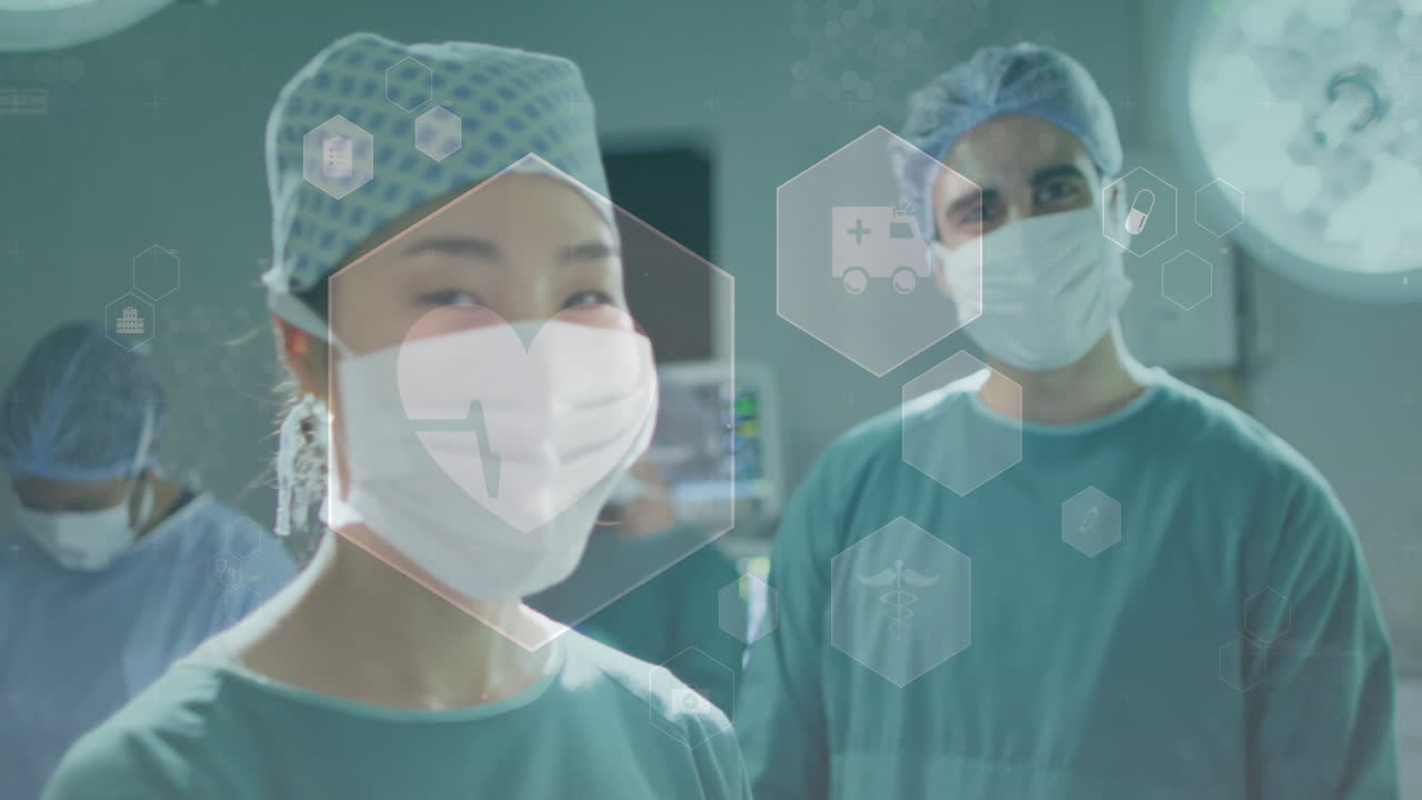 심장 박동과 의료 아이콘의 애니메이션 아시아 여성 외과 의사와 연극에서 남성 동료