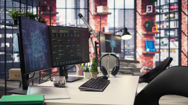Administrative workspace in an empty IT agency with visual coding