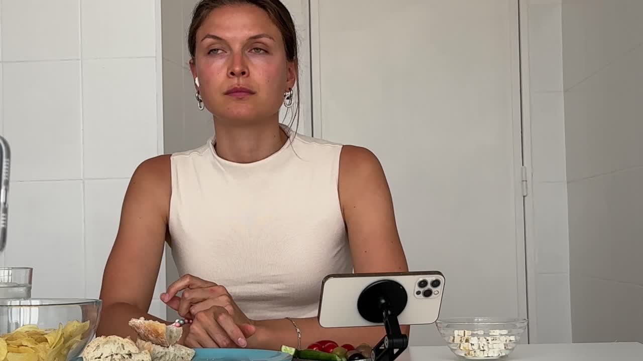 Young Woman Eating Snacks and Watching Phone in Kitchen
