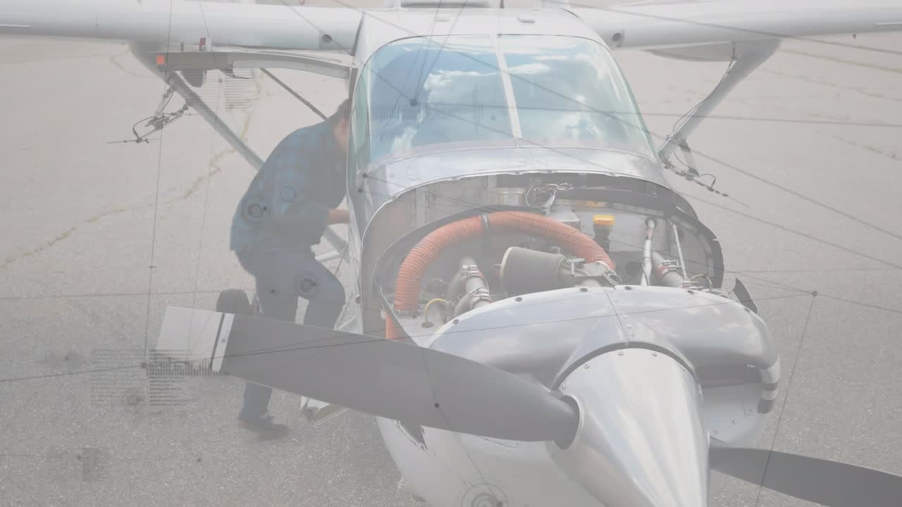 Animazione di una rete di connessioni su un pilota caucasico e un aereo