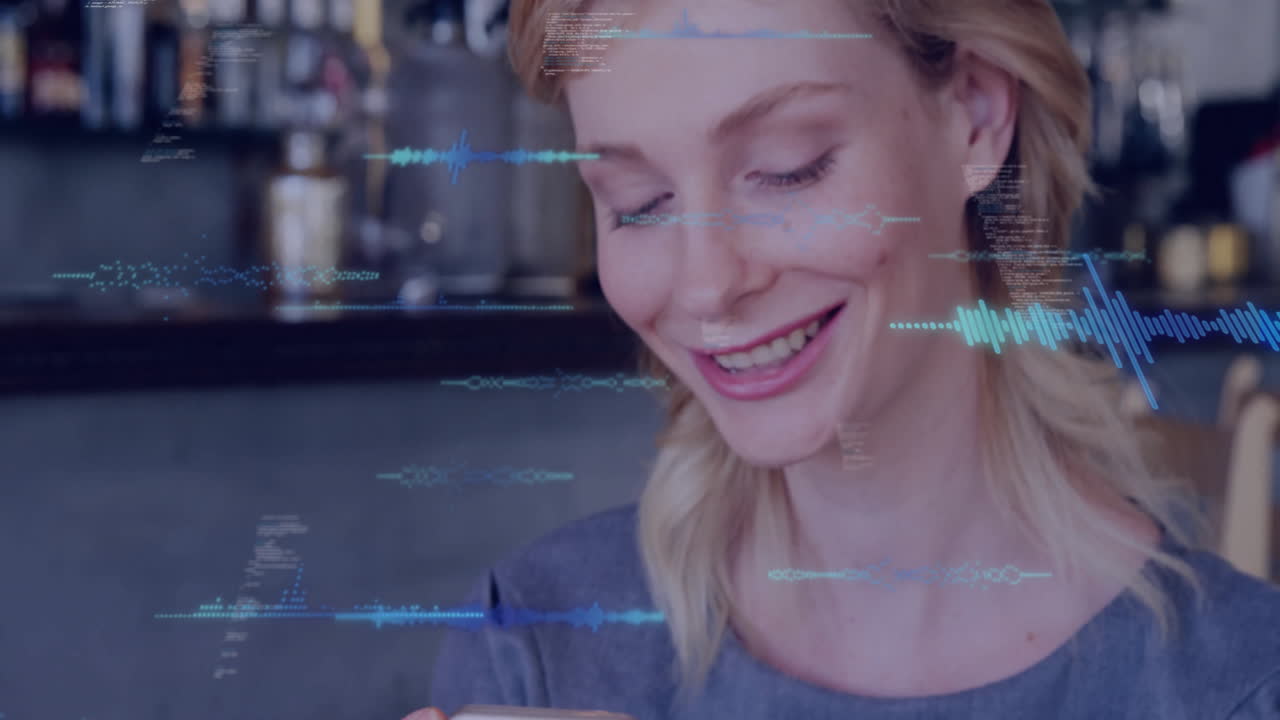 woman using smartphone in cafe bar, showing technology graphics with floating waveforms and code