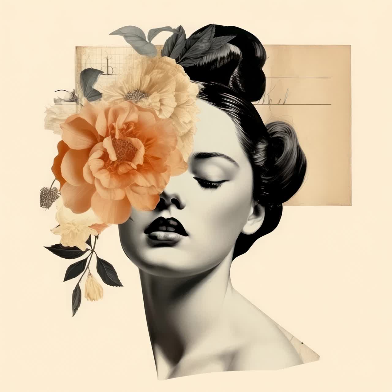 Artistic collage with a vintage vibe, featuring a woman's face adorned with flowers