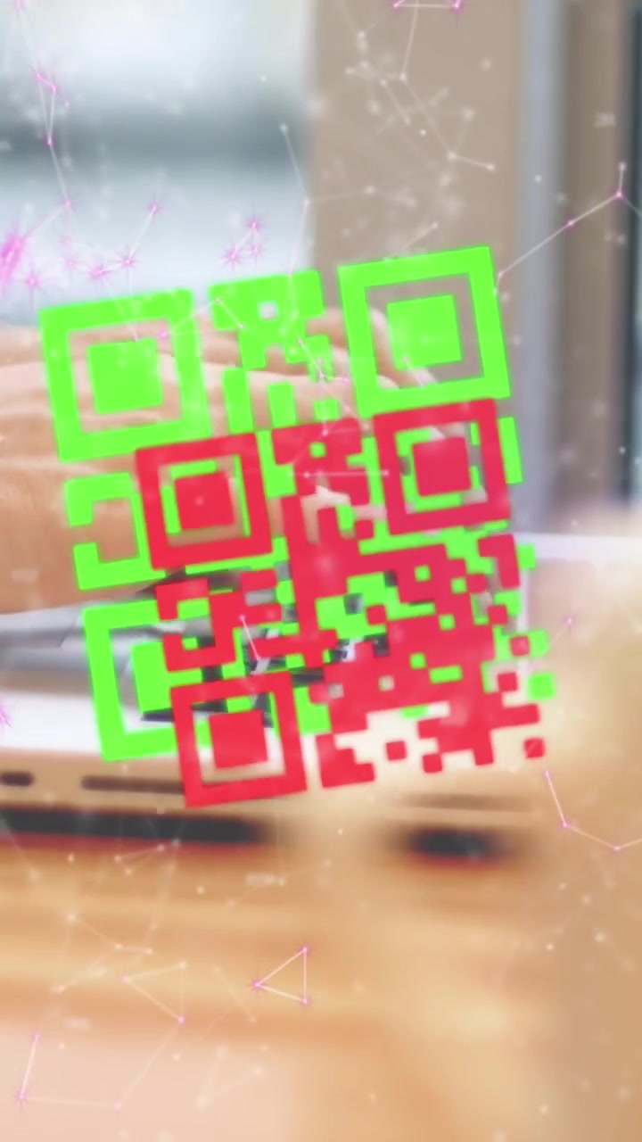 Animation of qr code and shapes over hands using laptop