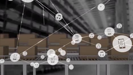 animation of network of connections with icons over boxes on conveyor belts