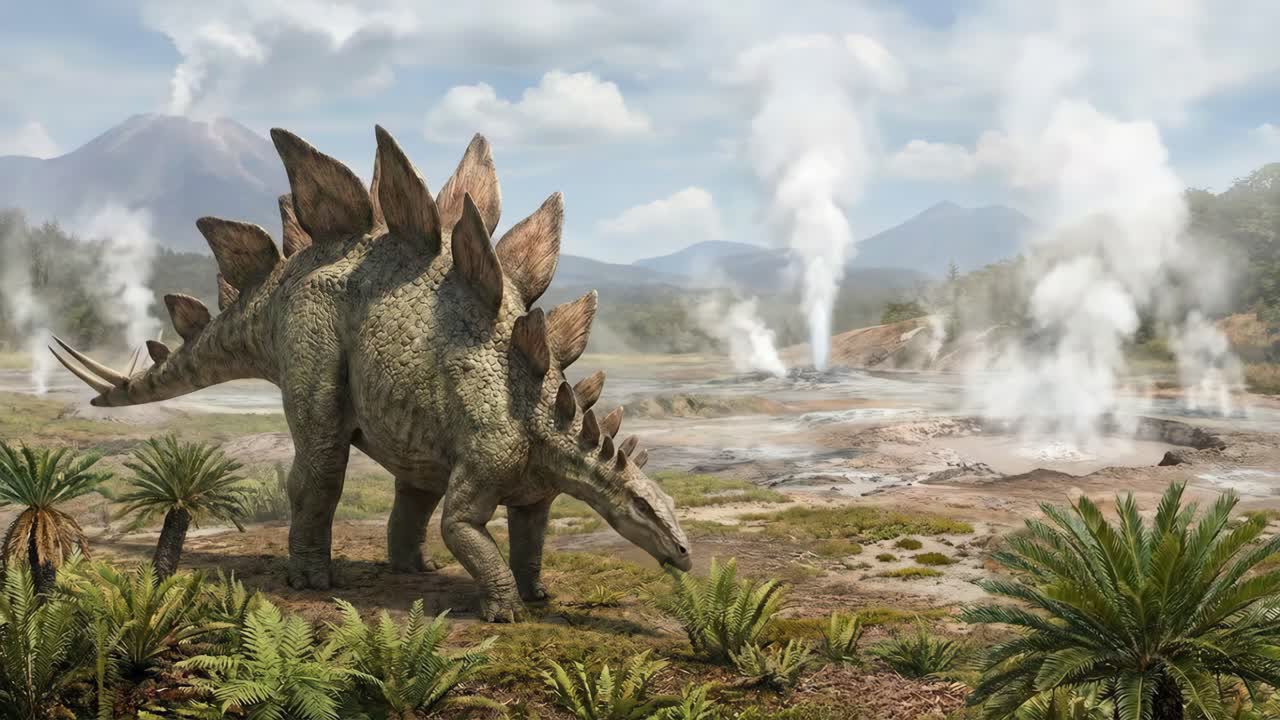 先史時代の風景の中にいるステゴサウルス